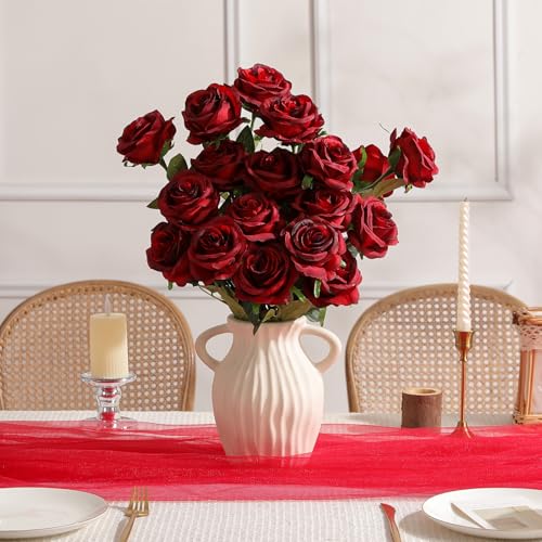Nubry 24pcs Artificial Burgundy Roses, Fake Silk Roses Flower with Long Stems, Realistic Flowers for Bridal Wedding Party Table Centerpiece Home Decor - color: Burgundy