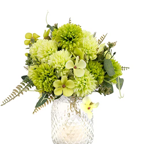 Jim's Cabin Artificial Chrysanthemum Ball Flowers - 3pcs Realistic Silk Flower with Stems&Leaves for Wedding, Party, House Decoration, Table Centerpieces Flowers - color: Dark Green&light Green