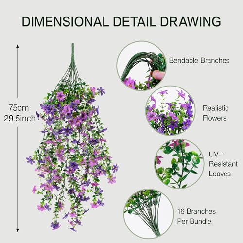QCQHDU Artificial Hanging Flowers for Outdoors,2Pcs Fake Hanging Plants 29.5 Inch Long for Spring Summer Decoration,UV Resistant Faux Flowers for Patio Porch Garden Yard Balcony Decor, Double Purple - color: Double Purple