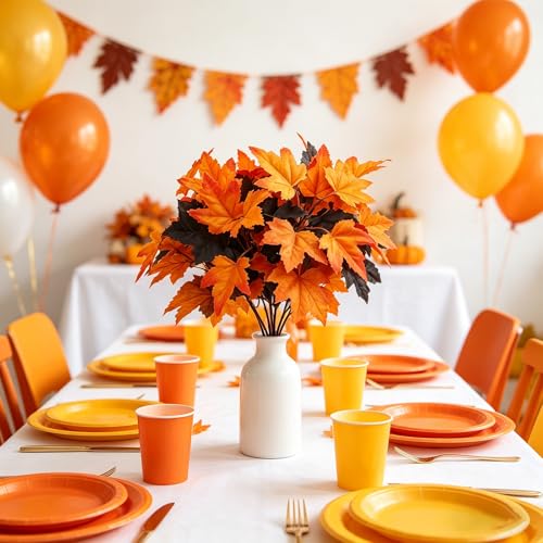 6 Pcs Artificial Maple Leaves Branches Fall Flowers 12 Inch Faux Fall Floral Stems Leaves with Black Orange Colors Fake Autumn Stems for Halloween Decor Thanksgiving Table Centerpiece - color: Black, Yellow