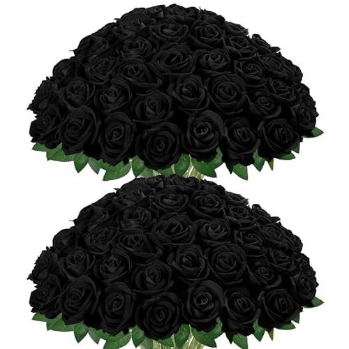 InnoGear 50 Pcs Black Roses Artificial Flowers, Fake Velvet Silk Rose Bulk Faux Flower for Decoration DIY Wedding Centerpieces Proposal Bridal Bouquets Shower Party Home Floral Decor (50, Black) - color: Black