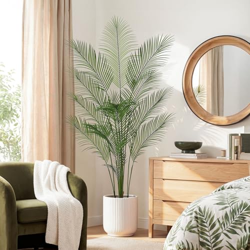 Artificial Palm Tree 6FT Tall Faux Palm Tree Indoor Fake Plants Faux Tropical Plant, UV Resistant & Maintenance Free Indoor/Outdoor Fake Tree in Pot for Home Office Living Room Patio Decor - style: 6FT Fine Leaved