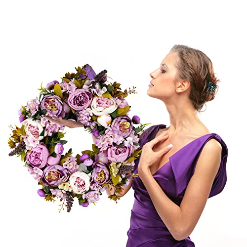 BOMAROLAN Artificial Peony Flower Wreath 19Inch Vintage Blooming Silk Peonies Spring Summer Fall Winter Large Wreaths Flower Green Leaves for Outdoor Front Door Indoor Wedding Wall Or Window Décor - color: Purple