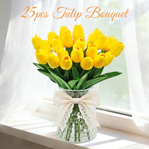 25Pcs Tulips Artificial Flowers, Faux Tulips Artificial Tulips Real Touch Tulip Fake Flowers Bouquets for Spring Wedding Home Kitchen Office Party Decor (Yellow) - color: Yellow