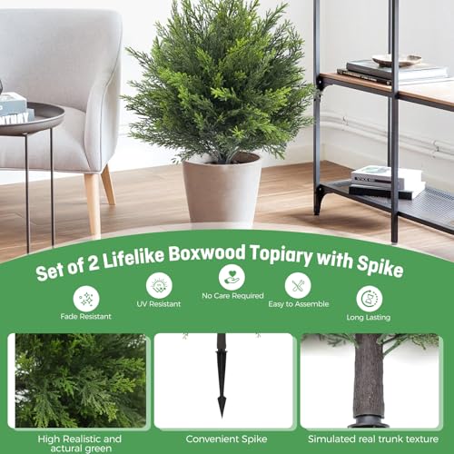 Artificial Topiary Cedar Tree Set of 2 Fuax Cypress Trees 26'' Artifcial Boxwood Bushes with Ground Spike UV Protection Fake Shrubs for Front Porch Balnocy Garden Decoration