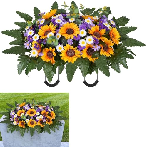 Zythrem Headstone Flower Saddle Cemetery Flowers for Grave Saddle Sunflowers with Artificial Wildflowers Memorial Flowers for Gravesite Orange Tombstone Saddles for Headstones Outdoor - color: Yellow