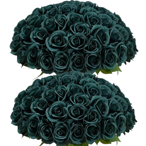 60 PCS Fake Emerald Green Roses Artificial Flowers Bulk Realistic Silk Faux Rose with Stems for Wedding Decoration Anniversary Bridal Bouquet DIY Floral Arrangement Romantic Home Decor Gifts - color: Emerald