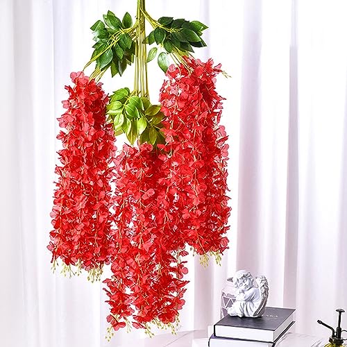 24 Pack Red Wisteria Hanging Flowers Garland, 3.77 Feet Artificial Flower Vines, Fake Wisteria, Artificial Vines Hanging Garland for Backdrop Outdoor Yard Garden Decor - color: Red, size: 24 PCS