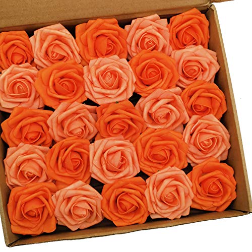 Artificial Flowers 25PCS Real Looking Mixed Vivid Orange Fake Roses with Stem for DIY Wedding Bouquets Centerpieces Baby Shower Party Home Decorations - color: Mixed Vivid Orange, size: 3"/25pcs