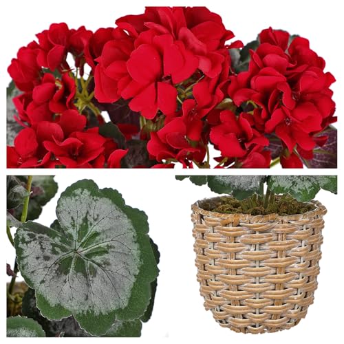 Briful Artificial Red Geranium Flowers in Woven Basket, 14.5’’ Tall Silk Flower Arrangement, Realistic Geraniums Artificial Outdoor Plants for Home Indoor Farmhouse Table Wedding Centerpiece Decor - color: 14.5'' Tall Red, Woven Basin