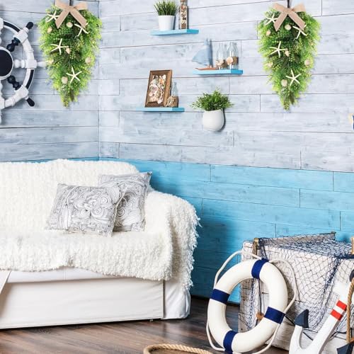 2 Pcs 24"Coastal Teardrop Swag Beach Seashell Starfish Wreath with Green Leaves for Front Door Wedding Farmhouse Starfish Conch Shells Wreath for Indoor Outdoor Spring Summer All Seasons Home Decor ﻿ - color: Starfish Swags