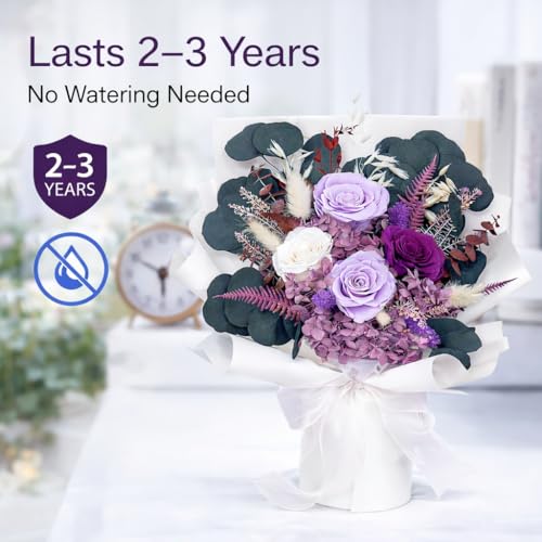 Bonsion Preserved Flowers for Delivery, Purple Rose Bouquet Gift for Women and Mom, Long Lasting Floral Arrangement for Birthday & Anniversary - color: Purple