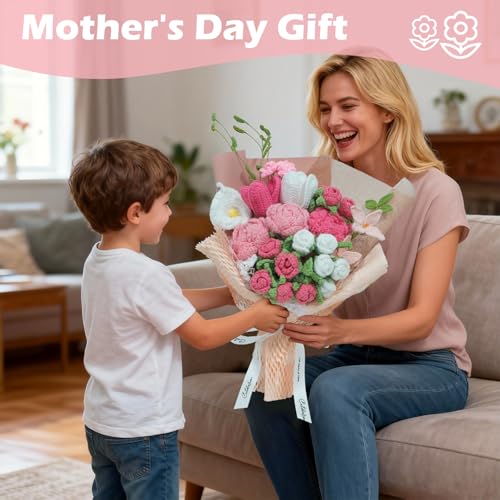 Crochet Flowers Bouquet,Handmade Luxurious Knitted Rose Tulips,Artificial Flower Bouquet for Her, Wife,Lover ,Girlfriend ,Mother, Anniversary,Graduation,Friends,Valentines Day (with Gift Bag&Card) - color: Rose&pink, size: X-Large