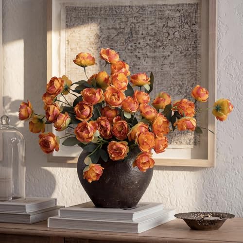 6 Pcs 32" Large Caramel Artificial Peonies Stems Flowers, Real Look Faux Silk Peony Bouquet 42 Heads Total for Vase Filler, Farmhouse Rustic Neutral Home Decor, Wedding Centerpieces - color: Burnt Orange