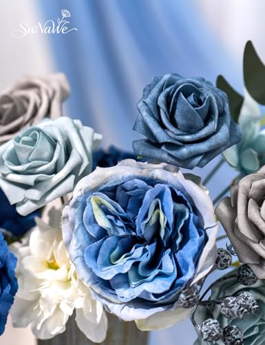 Dusty Blue Flowers Artificial Roses Combo Set Fake Royal Blue Silk Flowers Faux Peony Flowers Mix Dahlia with Stems for Wedding Bouquets Baby Bridal Shower Party Floral Arrangements Decor - color: Dusty Blue, size: The Modern Classic