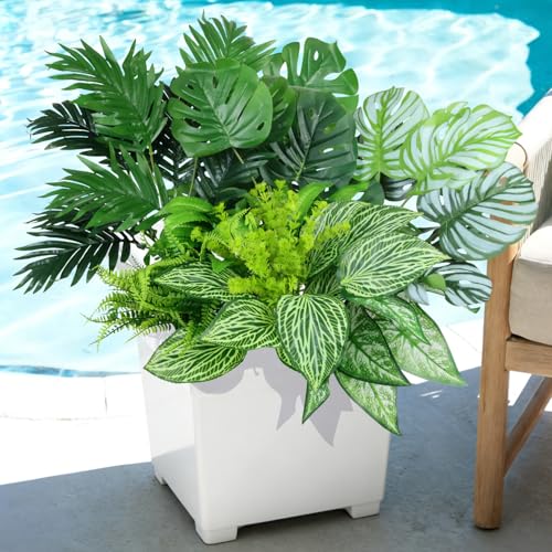 Artificial Plants Greenery Outdoor UV Resistant, 10 Bundles 24.8" Tall Faux Areca Palm, Monstera & Tropical Flowers, Large Fake Tropical Plants for Planters, Porch, Patio & Summer Decor - color: Green 2601