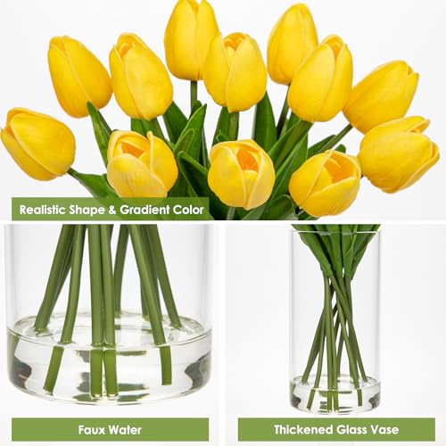 DILATATA 12 Pcs Artificial Real Touch Tulips Flowers in Glass Vase with Faux Water, Tulips Fake Arrangements Yellow Tulips with Vase for Dining Table Home Decor Wedding Centerpieces - color: Cylindrical Vase/Yellow/1 Set
