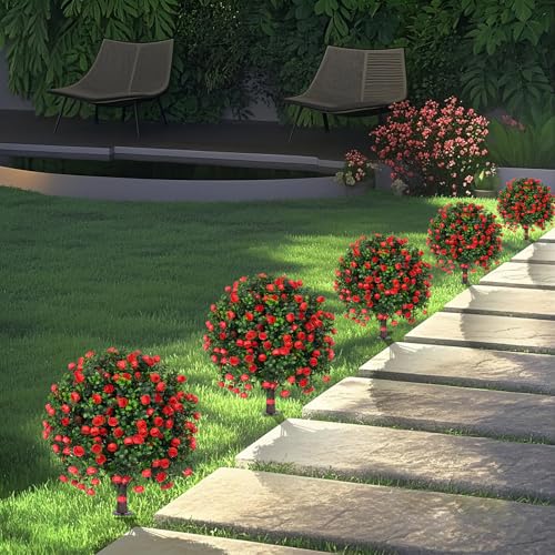 Grooy Artificial Boxwood Topiary Tree with Rose, Set of 2 Artificial Shrub Bushes with Ground Spike, Fake Evergreen Tree for Porch, Artificial Plants for Outdoor Planters Indoor UV Resistant - color: Red Rose