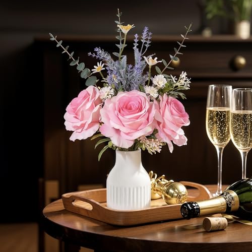 Artificial Flowers in Vase, Silk Roses Flowers Artificial Eucalyptus Lavenders Small Daisies and Fake Plants in White Ceramic Vase, Faux Flowers for Coffee Table Décor, Spring Decorations for Home - color: Blush