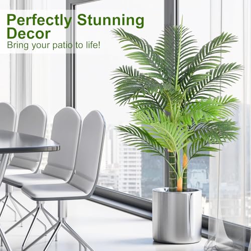 4ft Tall Triple Golden Cane Palm Artificial Tree Large Tropical Palm Tree UV Resistant Fake Plant in Pot for Indoor Outdoor Big House Living Room Outside Patio Office Home Decor 1Pack - size: 4ft