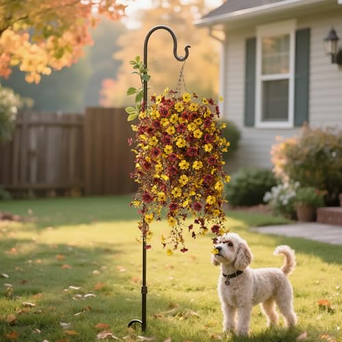 Homsunny Fall Artificial Faux Mums Hanging Flowers Plants Basket for Outdoor Decoration,Fake Silk Daisy planters UV Resistant Look Real for Home Porch Patio Balcony Yard Autumn Decor (Yellow Brown) - color: Yellow Brown