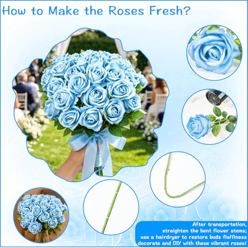 Rose Artificial Flowers Velvet Bouquet with Long Stem Real Touch Fake Roses Florals for Bridal Wedding Bouquet Party Arrangement Centerpiece Decorations (36, Light Blue) - color: Light Blue