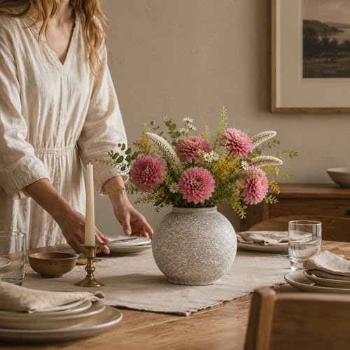 Small Ceramic Flower Vase 5.5 Inches, Farmhouse Round Decorative Vase for Flowers, Rustic Textured Vase, Home Decor for Living Room Shelf Table Centerpiece - color: Gray
