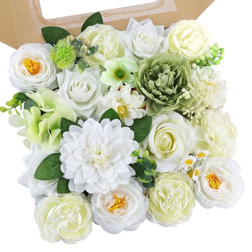 AmyHomie Green White Artificial Flowers Combo Silk Mix Peony Rose Fake Flowers w/Stem for DIY Wedding Bouquets Centerpieces Arrangements Table Fall Decor Party Bridal Baby Shower Home Decorations - color: Green White