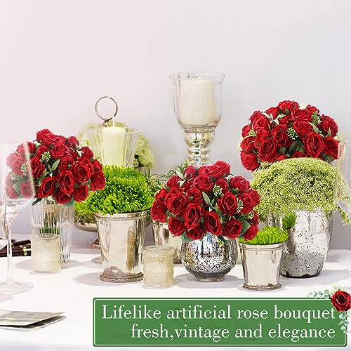 Zeyune 16 Bunches 12 Inch Red Artificial Mini Rose Bouquet, Total 160 Heads Fake Silk Rose Flowers Bulk, Bridal Bouquet for Wedding, Bridal Shower, Home & Office Table Decor - color: Red
