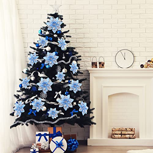 Geosar 36 Pcs Christmas Glitter Artificial Poinsettia Flowers Xmas Poinsettia Artificial Wedding Flowers Decorations Xmas Tree Ornaments with Clips for Party, 6 Inch, 4 Inch, 3 Inch(Silver and Blue) - color: Silver and Blue