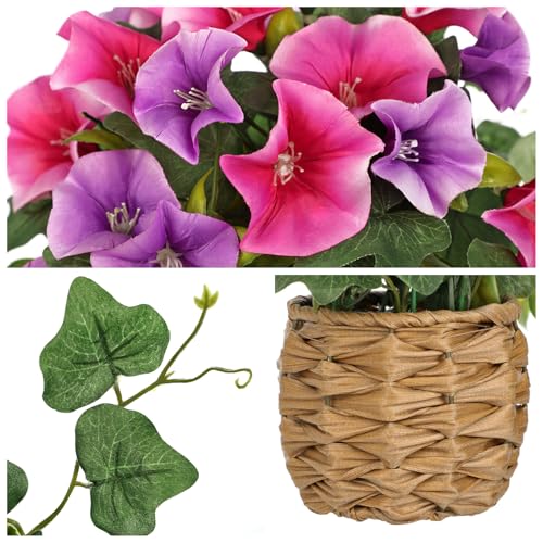 Briful 2 Pack Fake Morning Glory with Handwoven Basket - 8.2" Pink Purple Faux Potted Flowers Silk Floral Table Centerpiece for Home Office Room Shelf Desk Decor - color: Magenta