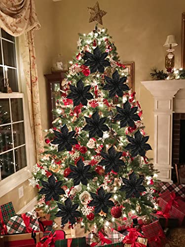 Briful 9'' Poinsettia Christmas Flowers 8PCS Black Glitter Floral Picks Large Xmas Ornament Flowers for Home Xmas Tree Wreath Garland Indoor Outdoor Decoration - color: Black