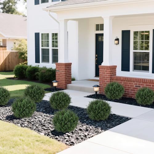 Artificial Cedar Topiary Ball Trees with Ground Spike, 24.6 inches Tall UV-Resistant Fake Outdoor Plants Evergreen Shrubs, Realistic Faux Pine Bushes for Front Porch Home Patio Garden, Set of 4