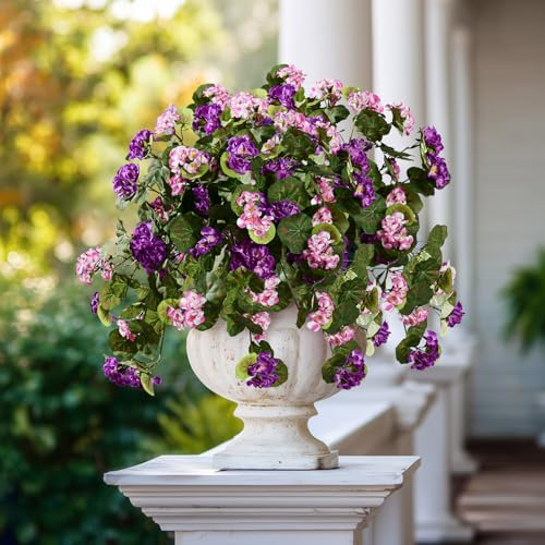 Artificial Geranium Flowers for Outdoor 2 Pcs Artificial Pink Flower Fake Flowers with Stems Silk Realistic Look Real Floral Arrangement for Front Door Porch Planter Patio Balcony (2 Pcs Purple+Pink) - color: 2 Pcs Purple+pink