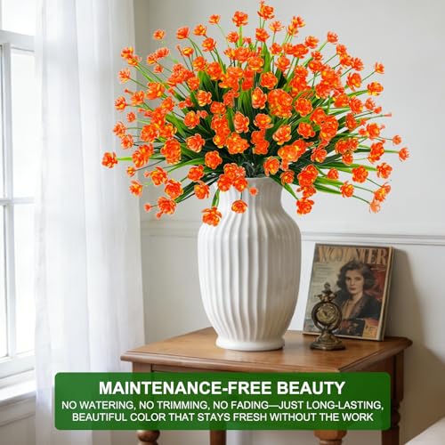 20 Bundles Artificial Flowers for Outdoors Summer Decor-UV Resistant No Fade Fake Mums Faux Plants Plastic Flowers Greenery for Home Porch Gardens Fireplace Patio Indoor Outsides Decor(Orange Red) - color: Orange Red, size: 20 Bundles