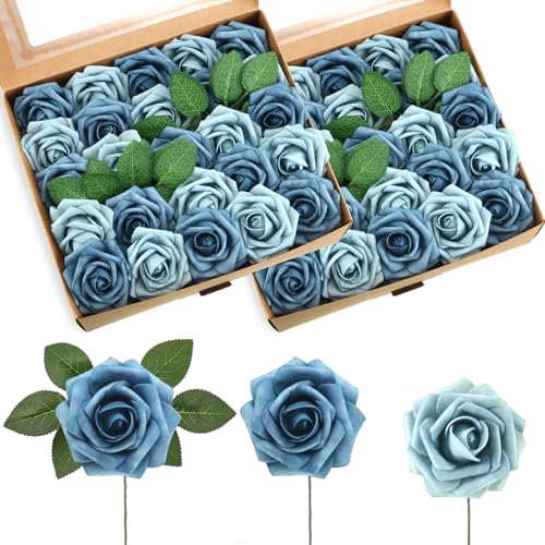 50 Pcs Artificial Foam Rose Flower Faux Bouquet Wedding Fake Rose Gift for Mother's Day Women DIY Bridal Shower Party Table Birthday Home Spring Decor (Blue Two Tone) - color: Blue
