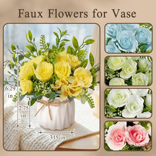 Yellow Artificial Silk Roses with Ceramic Vase, No Maintenance Faux Flower Arrangement, 6.3 Inch Realistic Table Decor for Home Office Wedding - color: Yellow