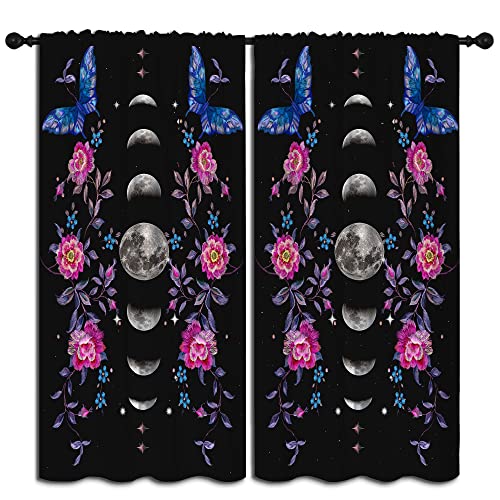 Boho Flower Blue butterfly Rod Pocket Blackout Curtains for Boy Girl Bedroom,Moon Phase Moonlit Garden Witchy Gothic Aesthetic Thermal Insulated Home Window Drapes for Living Room Darkening,42x45in - color: Boho Flower Blue Butterfly-005, size: 42"W x 45"