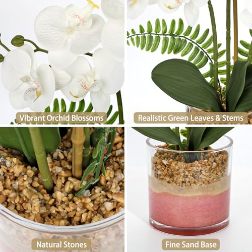 Oairse White Orchids Artificial Flowers with Vase Faux Orchids Plant in Pot | 17.7" Phalaenopsis Orchid Flower Arrangements White Centerpiece for Kitchen Dining Room Table Bathroom Shelf Desk Decor - color: White Orchid & Pink Sand