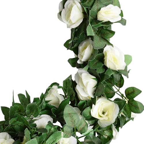 5pack Flower Garland Artificial Fake Rose Garland Vine Artificial Flowers for Decoration Floral Garlands Decor-Total 41 Ft (White) - color: White