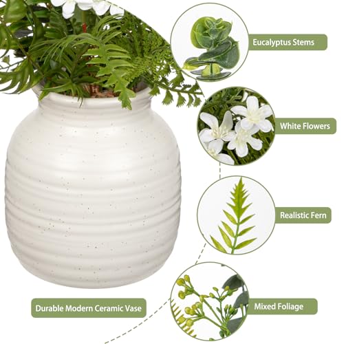 Artificial Floral Arrangement with Ceramic Vase - 15.4" Faux Greenery & White Flowers | Fern | Eucalyptus Leaves Fake Table Centerpiece in Vintage Vase for Home Office Living Room Bedroom Indoor Decor - color: White