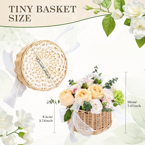 Flower Girl Basket, Wicker Rattan Wedding Flower Basket with Pearl Handle, Lace Bows and Lining, Handwoven Rustic Elegant Small Basket for Wedding Party Home Garden Decoration Outdoor Picnic