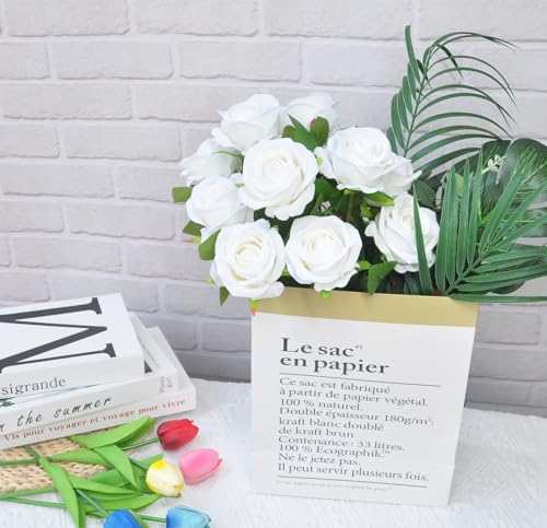 Kenpal Realistic Fake Roses Artificial Flowers with Stem for Decoration Floral Arrangement Centerpieces Wedding Bouquets (10, White) - color: White