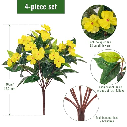 Fake Flowers Artificial Flowers for Outdoor，Artificial Impatiens Bouquet Flowers for Outdoors，Spring Flowers Artificial Impatiens Outdoor Silk Fake Flowers Indoor Decor 4PCS (Yellow) - color: Pink-4