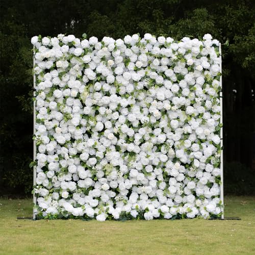 rosemorning 8x8FT White and Green Artificial Flower Wall Backdrop,5D Silk Flower Wall Panel for Wedding Party Birthday Baby Shower Photo Booth Decor Easy to Install Reusable - color: Eira-White, size: 8Ft*8Ft