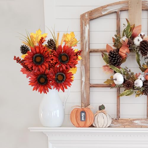 Briful Set of 2 16in Fall Burgundy Sunflower Picks and Sprays with Pinecones Berries Maple Leaves Artificial Fall Floral Branches Stems for Autumn Home Wedding Party Vase Centerpieces Decor - color: Burgundy