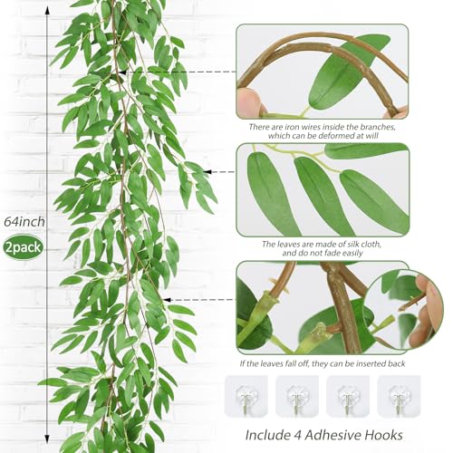 RECUTMS Artificial Willow Leaves Garland 2 Pcs Fake Hanging Vines Plants Artificial Silk Ivy Greenery 6.5 Ft Faux Evergreen Wreaths for Wedding Indoor Outdoor Garden Party Table Decor (Light Green) - color: Willow Vines Light Green 2pcs
