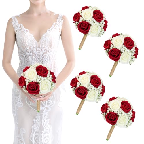 Burgundy Bridesmaids Bouquets Set of 4 - 7 Inch Artificial Flower Bouquet for Bridesmaid Pre-made Gypsophila Silk Rose Small Floral Bouquet for Wedding Bridal Shower Ceremony Anniversary Deocr - color: Burgundy Gypsophila Sage, size: Set of 4 Bridesmaid B