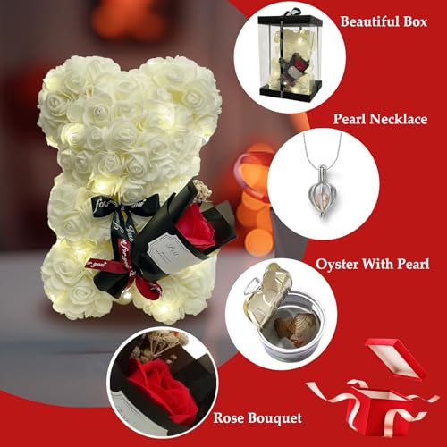 Romantic Valentines Day Gift for Her, Artificial Flowers Bouquet Necklace Rose Teddy Bear with Real Pearl Blind Box Birthday Gift, Valentiness Day Gift for Monther Wife Girl (White) - color: White