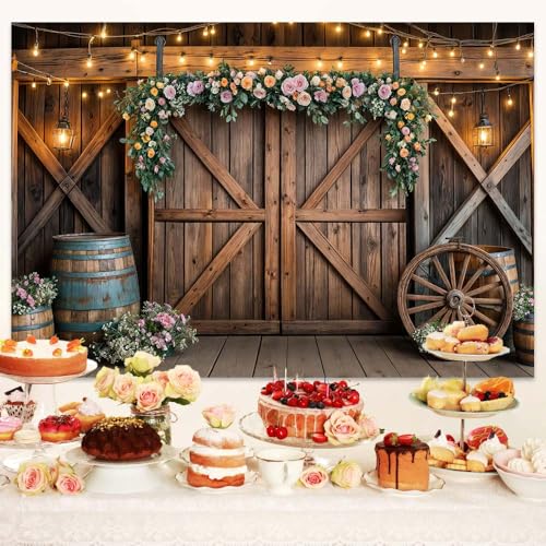 10x10ft Country Wedding Photography Backdrop Rustic Barn Door Photography Backdrop Farmhouse Pink Flower Cabin Wooden Birthday Baby Shower Wedding Bridal Party Banner Photo Booth Props Background - color: Multi1, size: 10X10FT